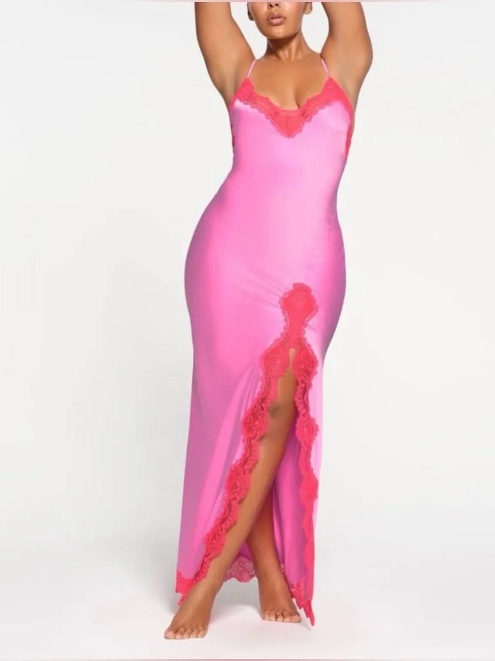 Skims woven shine lace long dress neon orchid